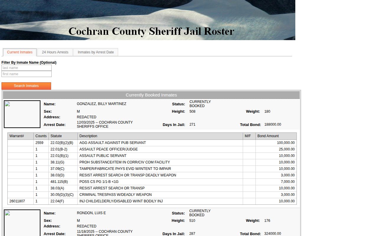 Cochran County Jail current inmate roster and booking record interface